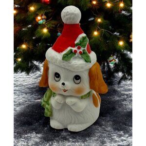 Vintage Begging Puppy Christmas Bell Tree Ornament Santa Hat and Scarf